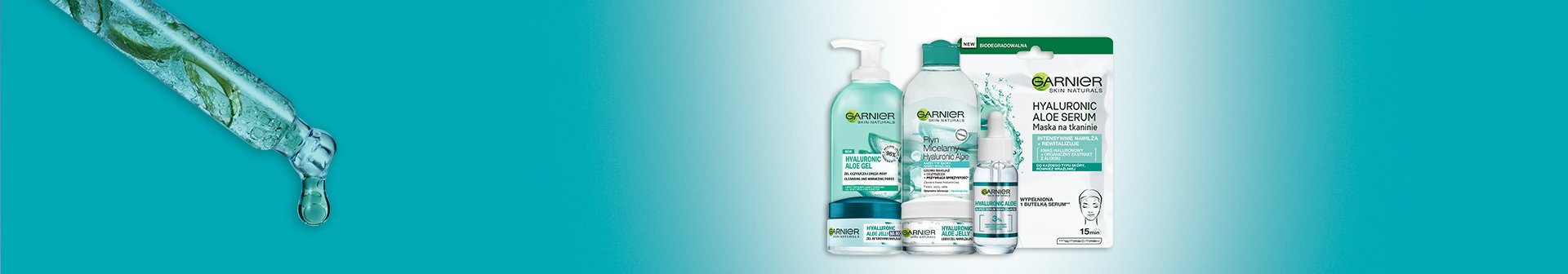 Pipeta z zielonym płynem i liśćmi aloesu, sześć produktów Garnier Hyaluronic Aloe, turkusowe tło