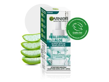 Opakowanie i buteleczka Garnier Hyaluronic Aloe Super Serum nawilżające, na białym tle