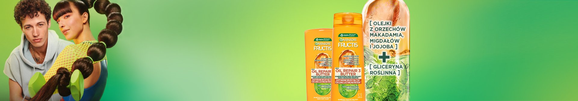 Mężczyzna i kobieta na zielonym tle, jej ciemne włosy w grubych warkoczach, obok butelki Garnier Fructis
