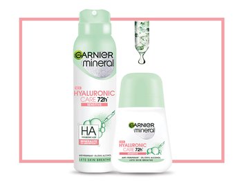 Dezodorant Garnier Mineral Hyaluronic Care 72h Sensitive w sprayu i kulce, z pipetą, na białym tle