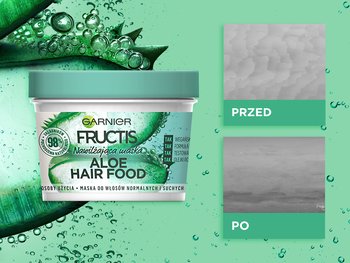 Maska Garnier Fructis Aloe Hair Food z plasterkami aloesu, na bąbelkującym zielonym tle