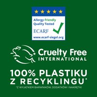 Logotypy certyfikatów: przyjazny alergikom, Cruelty Free i plastik z recyklingu, na zielonym tle