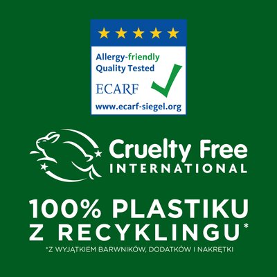 Logotypy certyfikatów: przyjazny alergikom, Cruelty Free i plastik z recyklingu, na zielonym tle