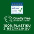 Logotypy certyfikatów: przyjazny alergikom, Cruelty Free i plastik z recyklingu, na zielonym tle