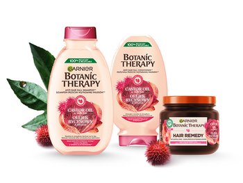 Trzy produkty Garnier Botanic Therapy z zielonymi liśćmi i kolczastymi czerwonymi owocami