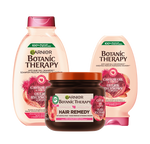 Trzy produkty Garnier Botanic Therapy (szampon, odżywka, maska), na białym tle