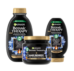 Trzy czarno-złote produkty Garnier Botanic Therapy z węglem, niebieskie kwiatowe etykiety, na białym tle