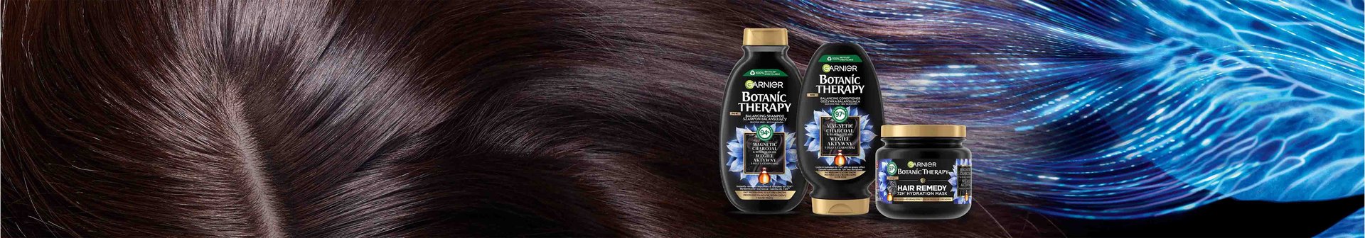 Trzy produkty Garnier Botanic Therapy wśród ciemnych włosów i świetlistych niebieskich linii