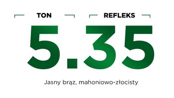 Duża zielona liczba 5.35 na białym tle, opis „Ton / Refleks – Jasny brąz”