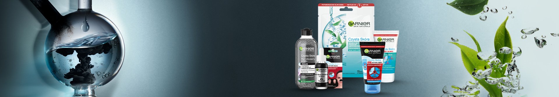 Produkty Garnier do pielęgnacji twarzy na podzielonym tle: ciemny płyn w kolbie i zielone liście