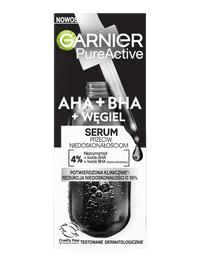 Opakowanie serum Garnier PureActive z pipetą i kroplą ciemnego płynu nad butelką
