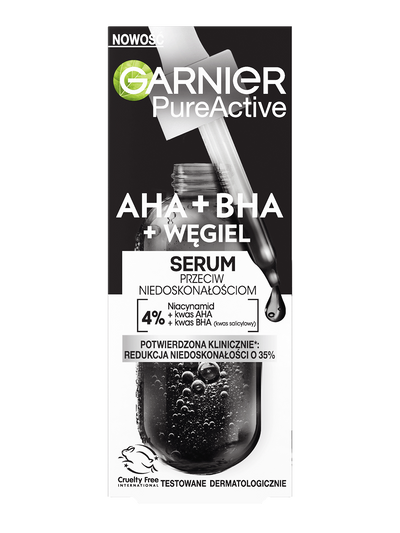 Opakowanie serum Garnier PureActive z pipetą i kroplą ciemnego płynu nad butelką