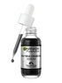 Ciemna buteleczka serum z węglem, uniesiona pipeta z wiszącą ciemną kroplą, na gradiencie