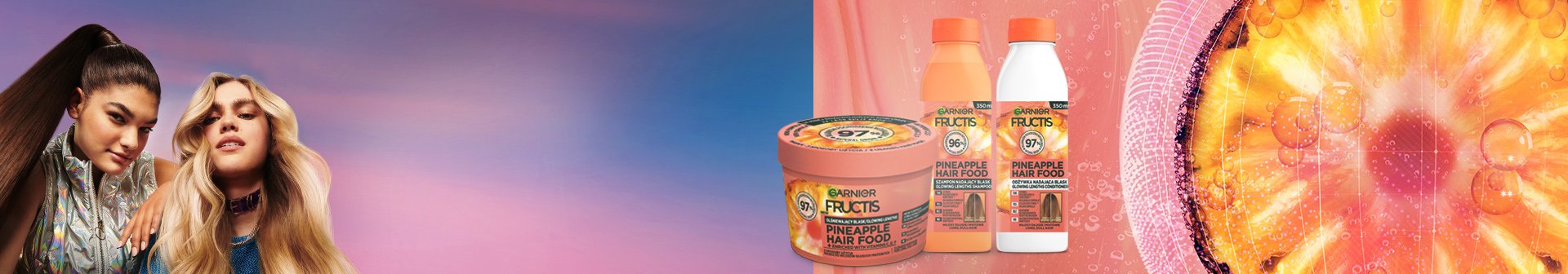 Dwie kobiety i trzy produkty Garnier Fructis Pineapple Hair Food, lśniące długie włosy