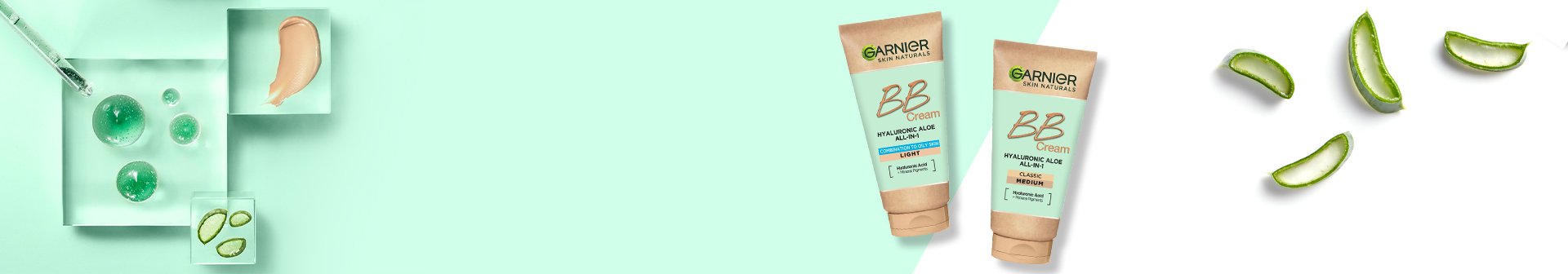 Dwie tubki Garnier BB Cream z plasterkami aloesu, smugą kremu i zielonymi kroplami