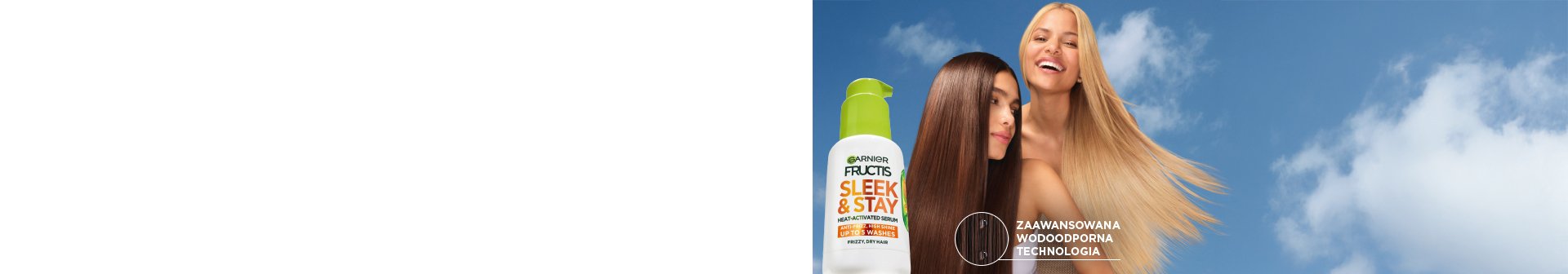 Butelka Garnier Fructis i dwie kobiety o gładkich włosach – brunetka i blondynka – na tle nieba