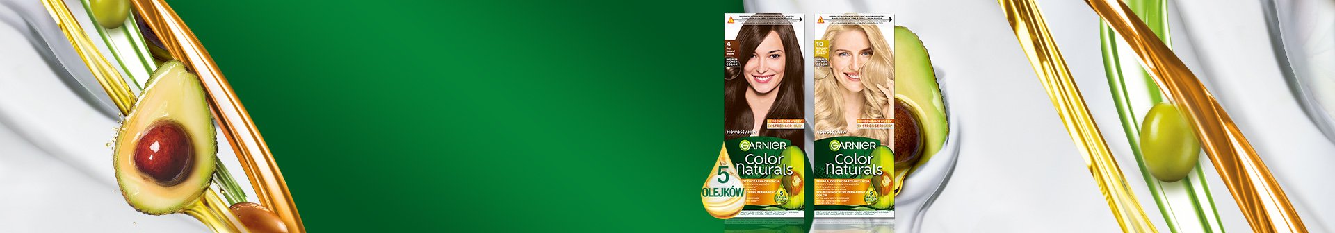 Dwa opakowania farby Garnier Color Naturals z modelkami, wśród olejku, awokado i oliwek