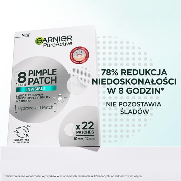 Opakowanie plastrów na niedoskonałości Garnier PureActive, na turkusowo-białym tle