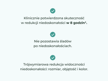 Trzy punkty z korzyściami produktu, każdy z turkusowym haczykiem, na jasnoturkusowym tle