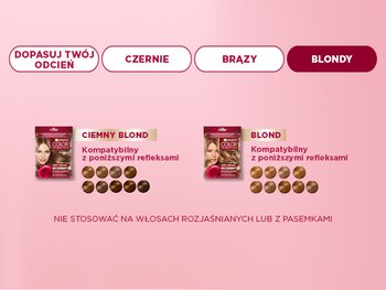 Interfejs wyboru farby z dwiema opcjami i próbkami, aktywna zakładka „Blondy”, na różowym tle