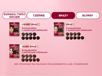Wybór farby w odcieniach brązu z opakowaniami i próbkami, napis „Dopasuj twój odcień”, na różowym tle