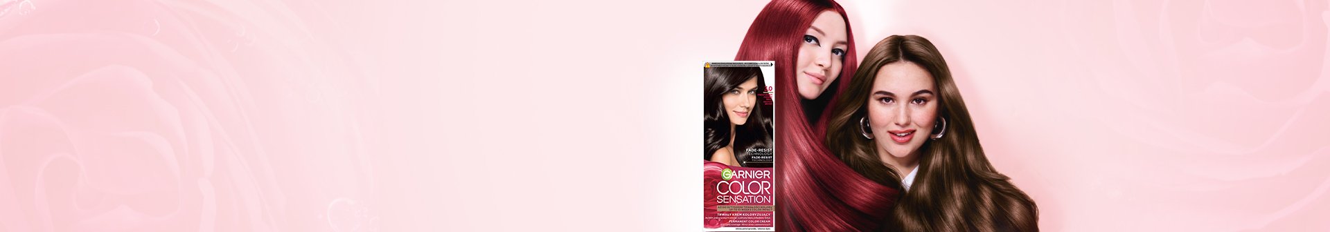 Dwie kobiety o długich włosach – ciemnoczerwonych i brązowych – obok opakowania farby, „Color Sensation”