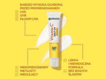Tubka Garnier Vitamin C Daily UV Invisible SPF 50+ z białymi smugami, na żółtym tle