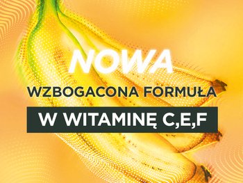 Biała butelka odżywki Garnier Fructis Banana Hair Food z motywem banana, na jasnym tle