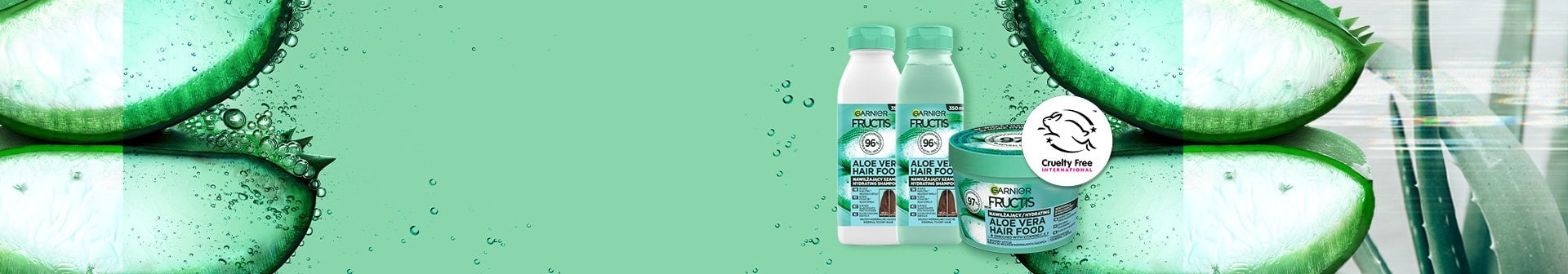 Szampon, odżywka i maska Garnier Fructis Aloe Vera Hair Food, na miętowym tle z plasterkami aloesu