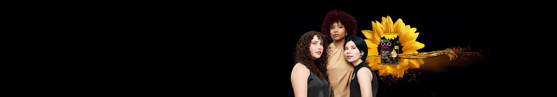 Grafika przedstawiająca trzy kobiety na czarnym tle, obok opakowanie produktu Garnier Olia w odcieniu 5.0 Brąz
