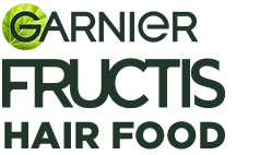 Logo Garnier Fructis Hair Food z inicjałami „GA” na zielonym kwadracie, na ciemnozielonym tle