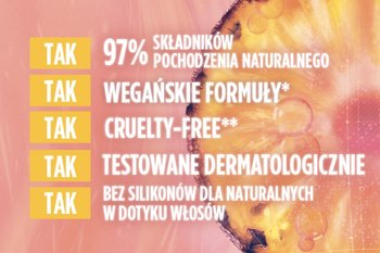 Pionowa lista pięciu cech, każda z „Tak” w żółtym polu, na tle rozmytego plastra owocu