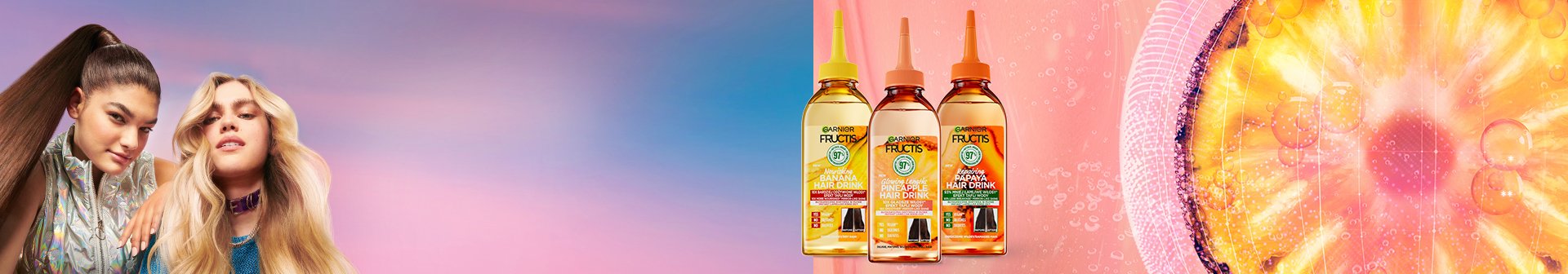 Dwie kobiety i trzy butelki Garnier Fructis Hair Drink prezentujące włosy i produkty