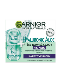 Etykieta Garnier Skin Naturals Hyaluronic Aloe z opisem żelu nawilżającego na noc