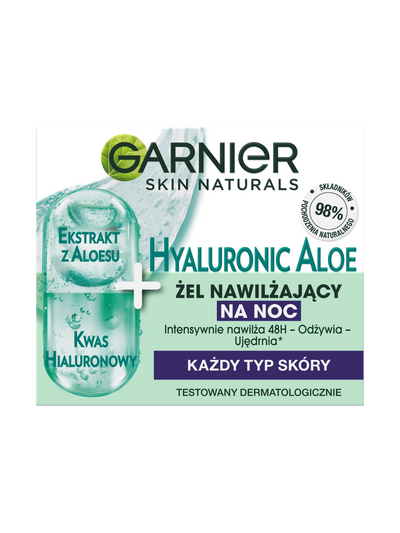 Etykieta Garnier Skin Naturals Hyaluronic Aloe z opisem żelu nawilżającego na noc