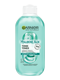 Przezroczysta butelka toniku Garnier Hyaluronic Aloe z jasnoturkusowym płynem i białym kapslem