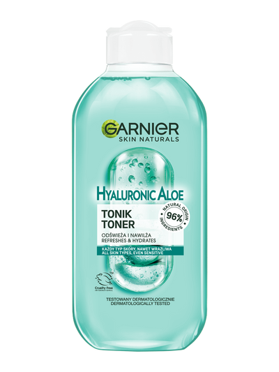 Przezroczysta butelka toniku Garnier Hyaluronic Aloe z jasnoturkusowym płynem i białym kapslem