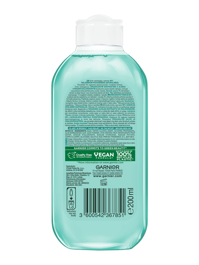 Wysoka, jasnoniebieska butelka Garnier Hyaluronic Aloe z białym kapslem, tylna etykieta ze składem