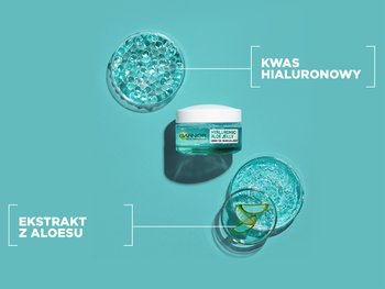 Słoik Garnier Hyaluronic Aloe Jelly połączony z naczynkami: niebieskie drobiny i żel aloesowy