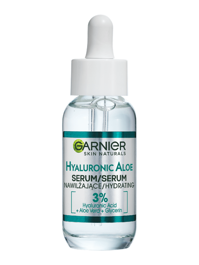Szklana buteleczka serum Garnier Hyaluronic Aloe z pipetą, na szaro-niebieskim tle