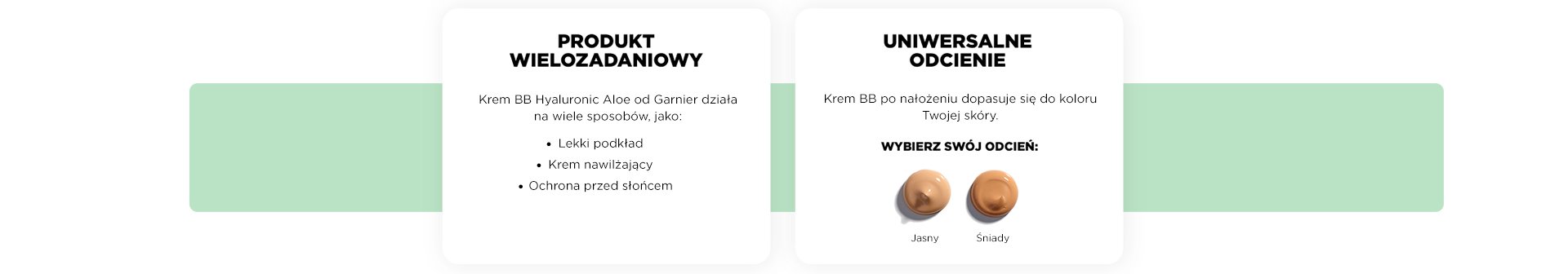 Dwie karty z opisem produktu i próbkami podkładu (jasny, średni), na białym tle