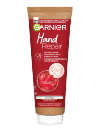 Tubka kremu do rąk Garnier Hand Repair z kartonowym wieczkiem, na białym tle, „Nowość”