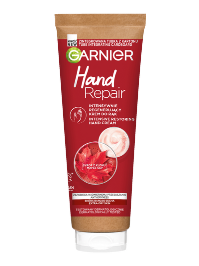 Tubka kremu do rąk Garnier Hand Repair z kartonowym wieczkiem, na białym tle, „Nowość”