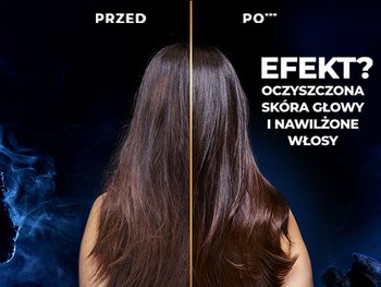 Długie ciemne włosy od tyłu w podziale złotą linią: matowe „przed”, lśniące „po”, na ciemnym tle