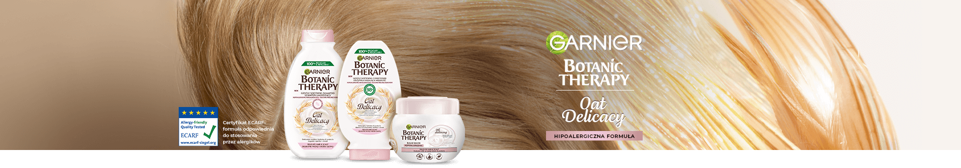 Trzy produkty Garnier Botanic Therapy Oat Delicacy na tle rozwianych blond włosów