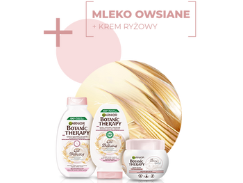 Trzy produkty Garnier Botanic Therapy Oat Delicacy (szampon, odżywka, maska), na białym tle