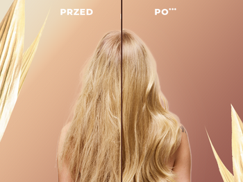 Długie blond włosy od tyłu w podziale: puszące się „przed”, gładkie i faliste „po”