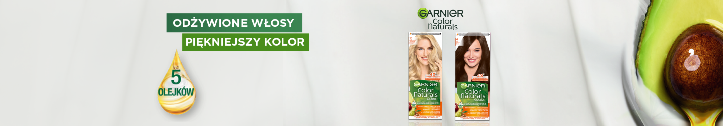 Opakowania farby Garnier Color Naturals (blond i brąz) i kropla „5 olejków”, napis „Odżywione włosy”
