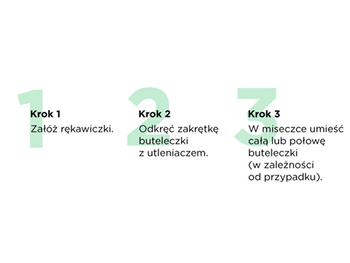 Trzy instrukcje na białym tle: Krok 1 – załóż rękawiczki; Krok 2 – odkręć buteleczkę z utleniaczem