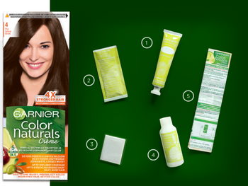 Zestaw farby Garnier Color Naturals 4 Kawa z pięcioma ponumerowanymi elementami, obok opakowanie